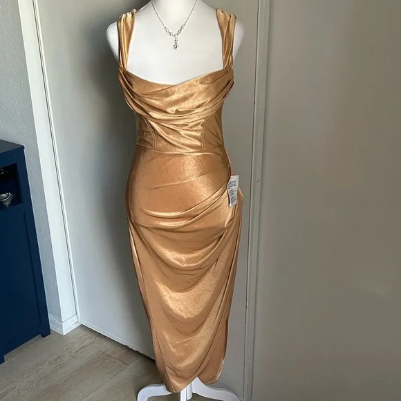 New ASOS Sleeveless Gold Sheen Cowl Neck Ruched Formal Prom Evening Dress - Picture 16 of 16